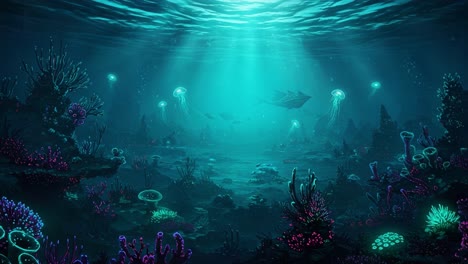 a breathtaking underwater scene illuminated by ethereal light, showcasing colorful marine life, majestic jellyfish, and vibrant coral reefs in a mystical deep-sea atmosphere