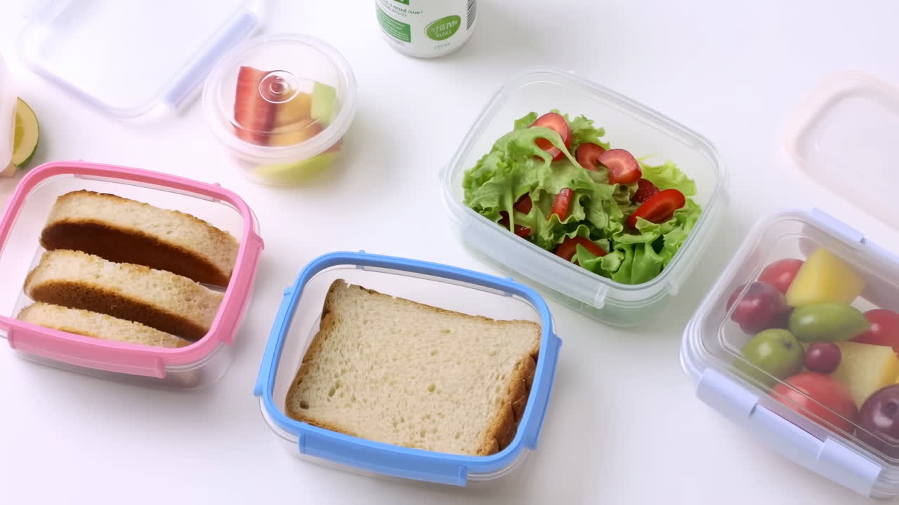 Disposición de fiambrera con sándwiches y ensalada, toma de estudio de preparación de comidas para profesional ocupado