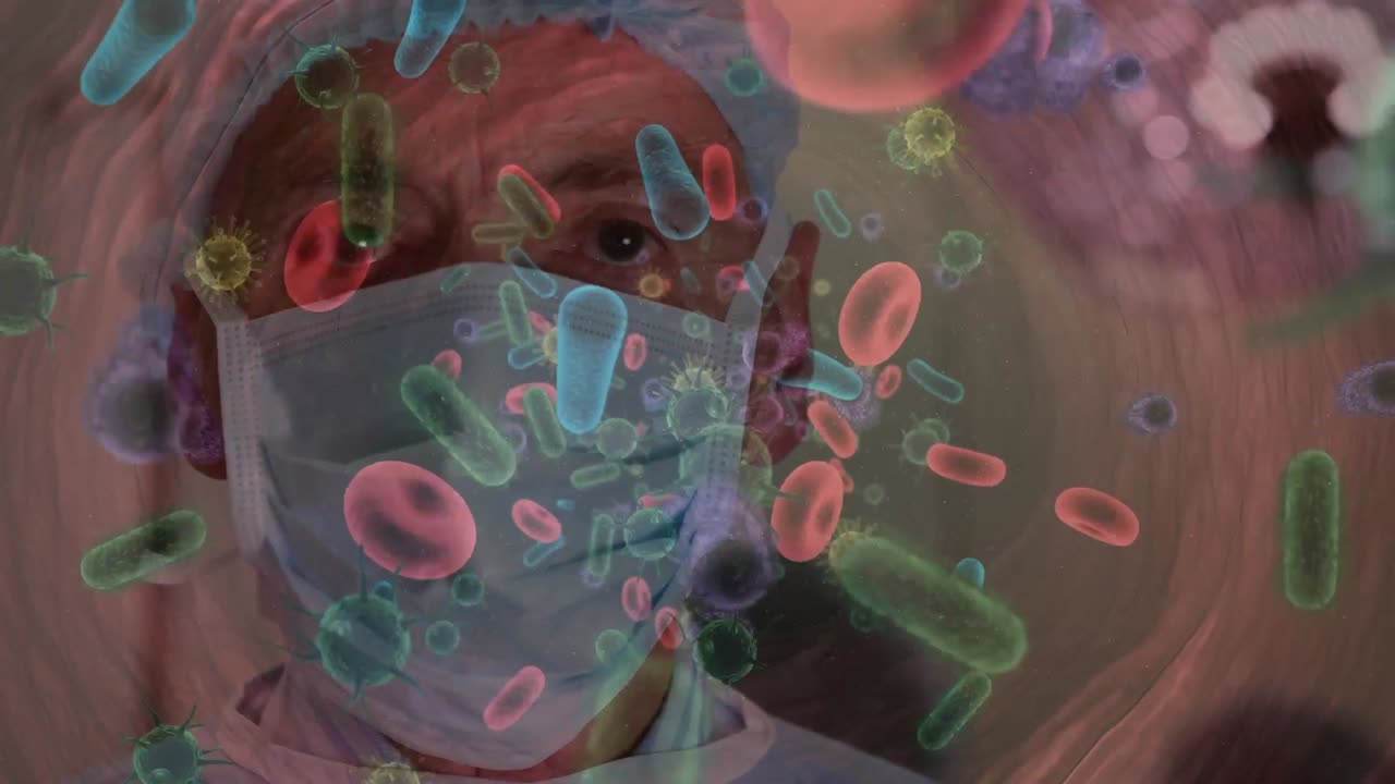 수술 중에 남성 의사 위에 떠다니는 바이러스 세포의 애니메이션