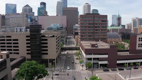 aerial shot flying over pedestrian skywalks in downtown minneapolis, minnesota