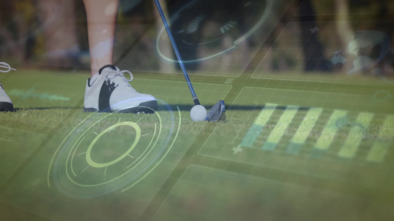 Preparing to swing, golfer using animation with digital data on grassy course