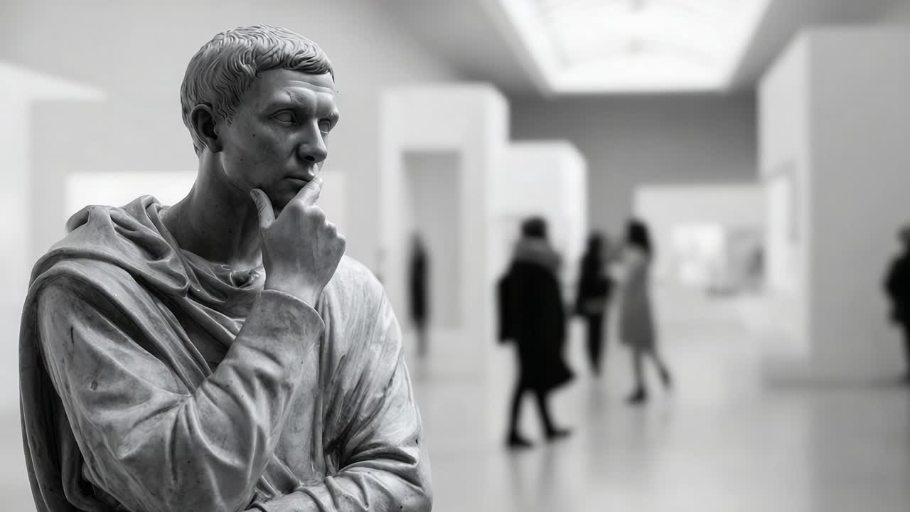 Escultura Contemplativa em Galeria Moderna: uma figura clássica reflete entre entusiastas da arte contemporânea em um espaço de exibição elegante