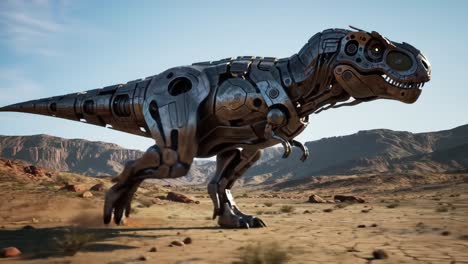 a futuristic robotic tyrannosaurus rex in a desert landscape showcasing advanced technology and imaginative design