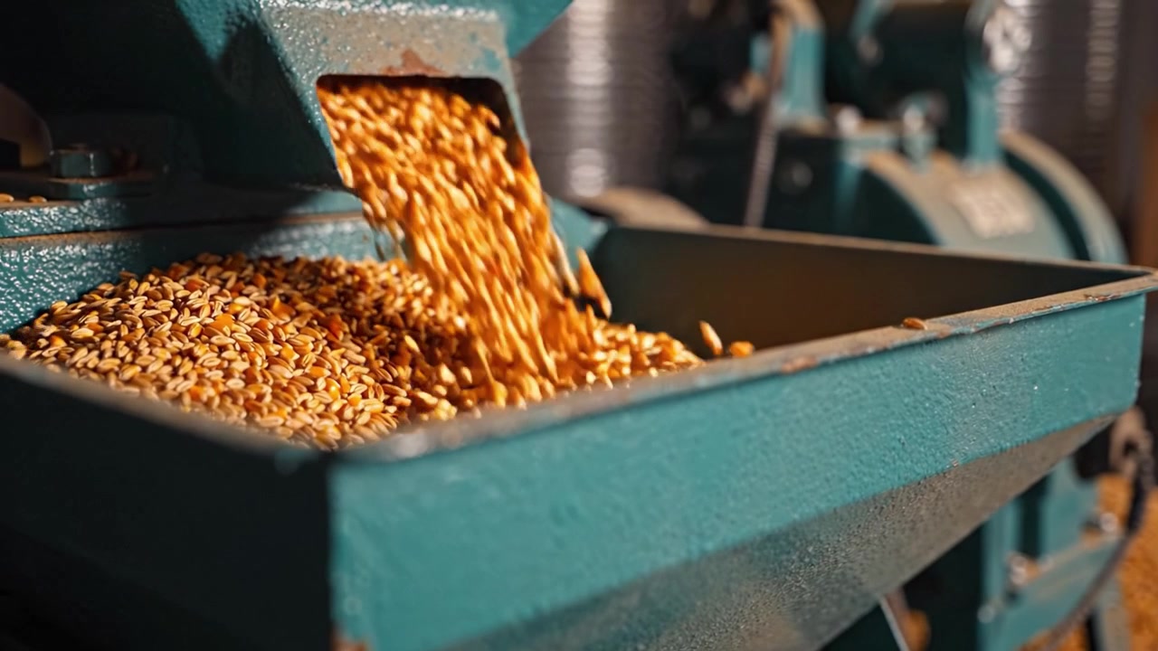 Grain Processing Machine in Action: Seeds Flowing from Hopper, Showcasing the Efficiency of Agricultural Equipment in Grain Handling and Preparation for Milling
