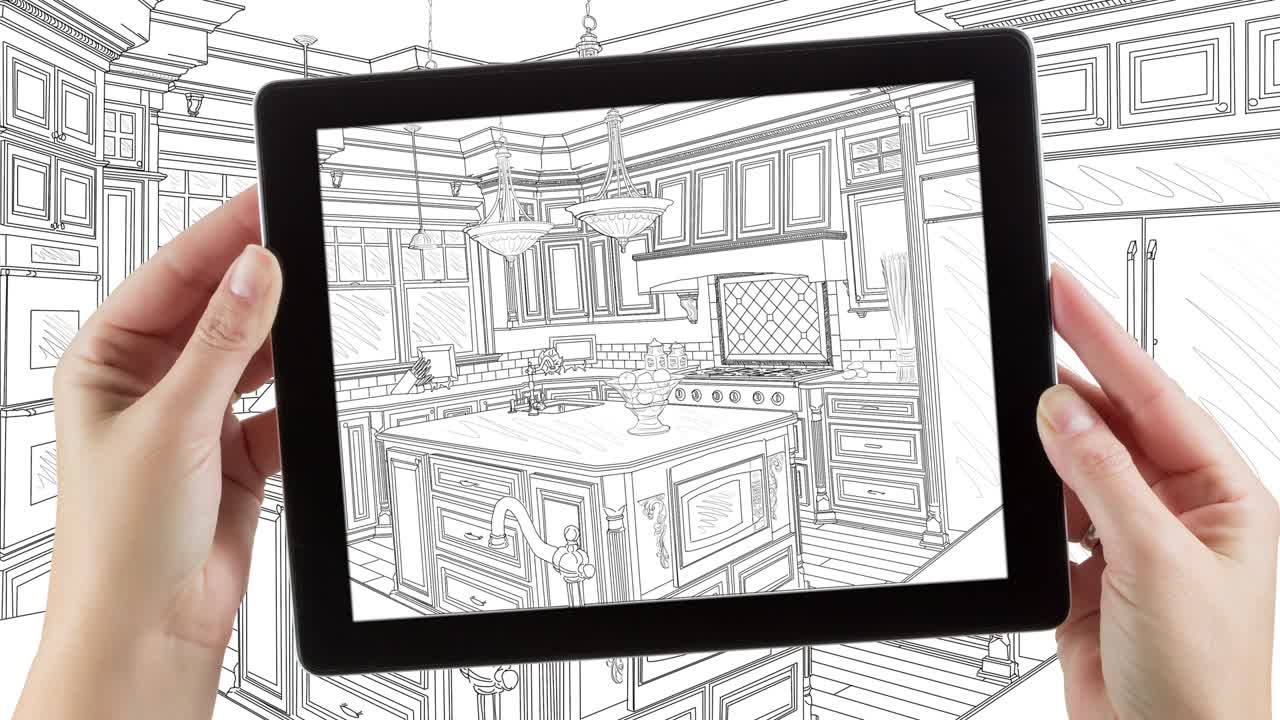 cinemagraph de bucle de 4k de una tableta de computadora con dibujo de diseño de cocina en transición a foto