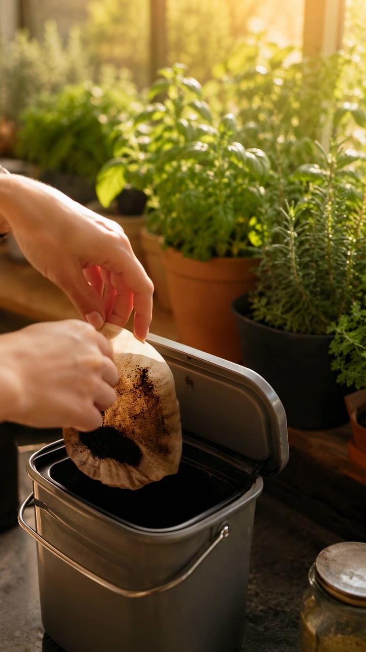 Close view shows hands placing material into small compost bin near leafy plants, then lowering lid under warm natural light with earthy textures and calm home gardening atmosphere.