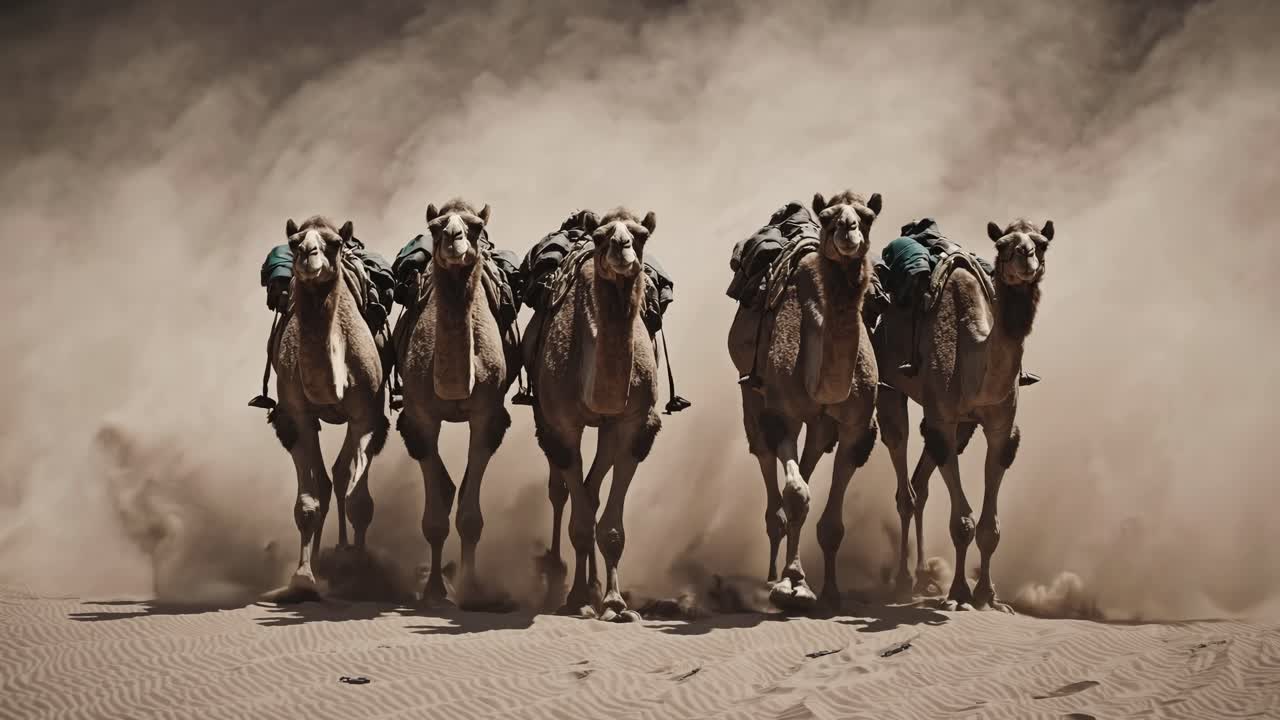 A dynamic, low-angle video shot captures five camels charging through the desert