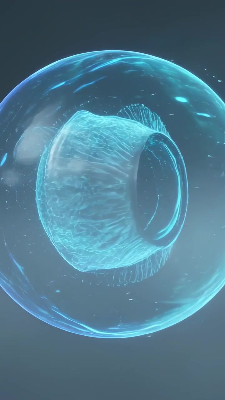 Video verticale: Sfera ciano che ruota, un toroide gira accendendo un nucleo sporgente e filamenti in uno studio buio.