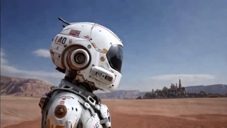 astronaut in a desert landscape with a futuristic city in the background