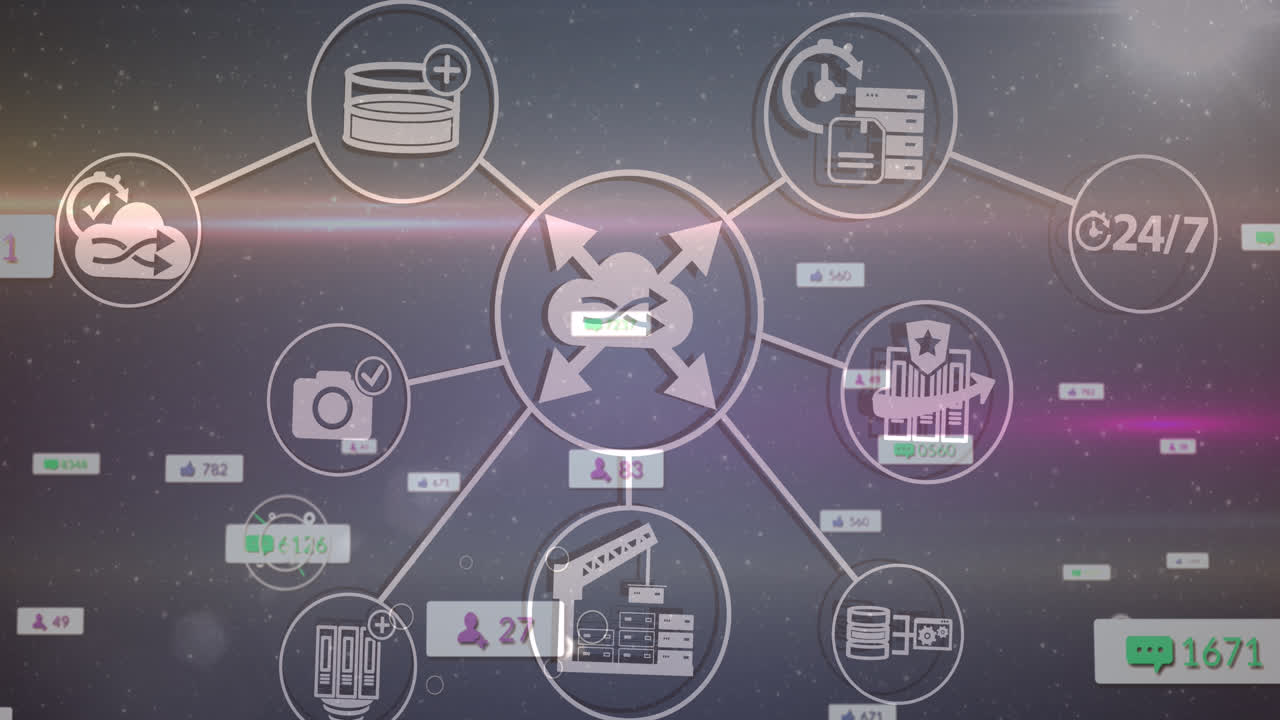 네트워크를 통해 소셜 미디어 아이콘과 숫자의 애니메이션