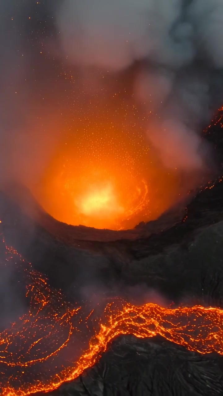 Video verticale: Cratere vulcanico pulsante che emette fumo, alimentando il flusso di lava dal magma sul bordo del cratere.