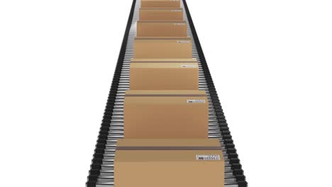 Single-row-of-cardboard-packing-boxes-moving-on-conveyor-belt-with-white-background