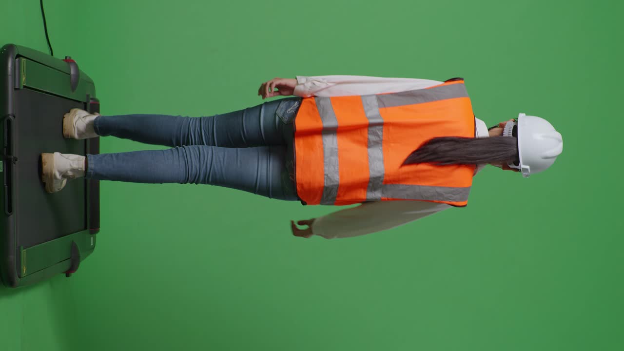 안전 헬을 입은 아시아 여성 엔지니어가 녹색 화면 배경 스튜디오에서 는 동안 주위를 둘러보고 있는 전신의 뒷면