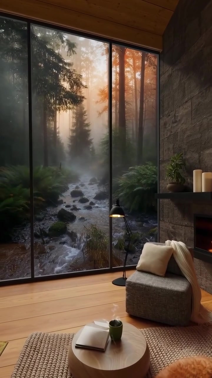 Cozy Living Room With Fireplace Overlooking Misty Forest Stream