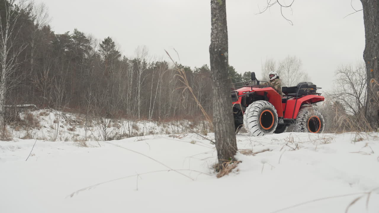 ATV rosso in un boschetto di betulle innevato, potente quad che si fa strada nella neve fresca attraverso un campo invernale aperto, primi piani del battistrada sovradimensionato e degli pneumatici coperti di ghiaccio, sfondo di foresta dai toni smorzati, atmosfera fredda e nitida