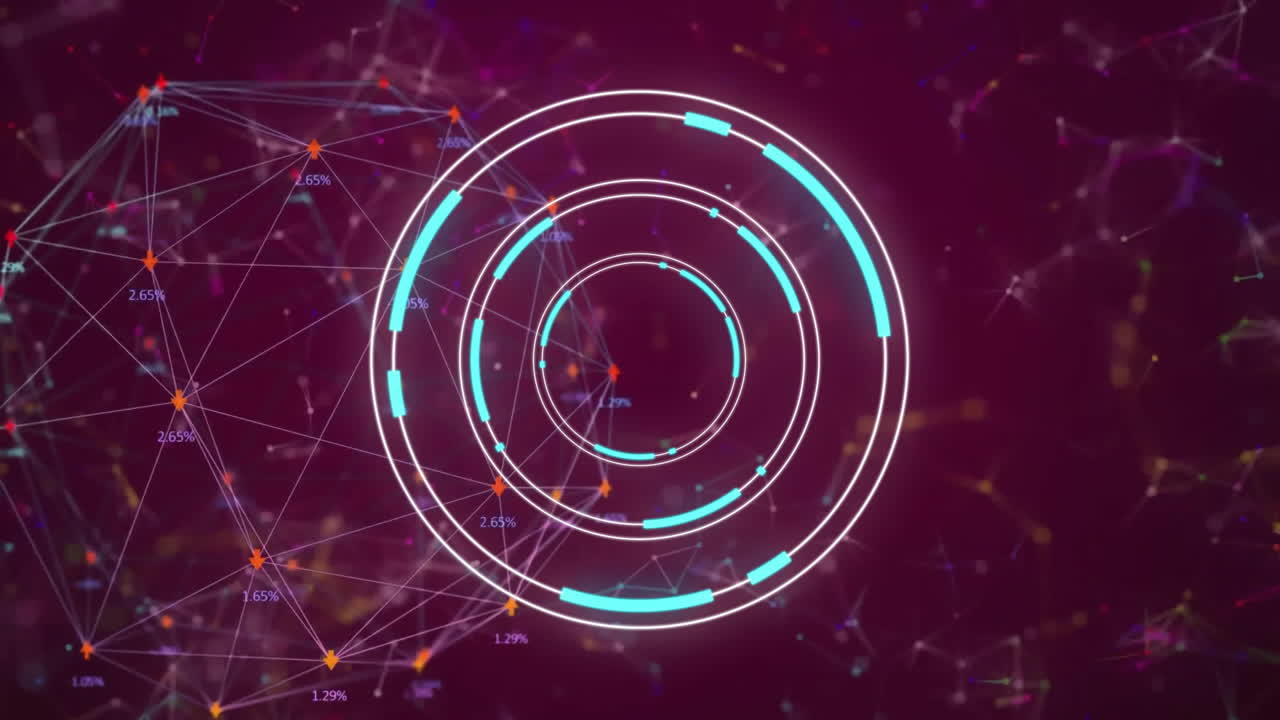 animación de escaneo de alcance y red de conexiones en fondo púrpura