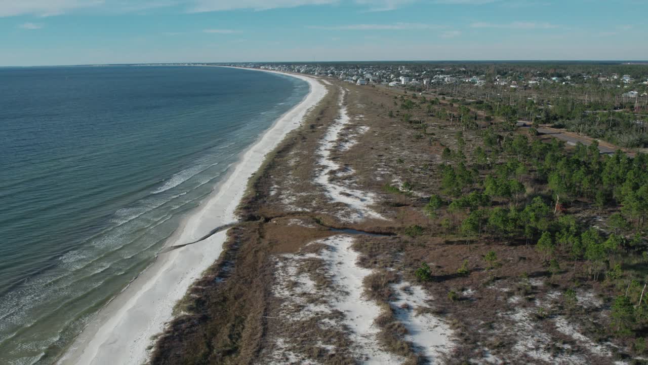 Volo di drone sopra dune naturali su una costa della Florida
