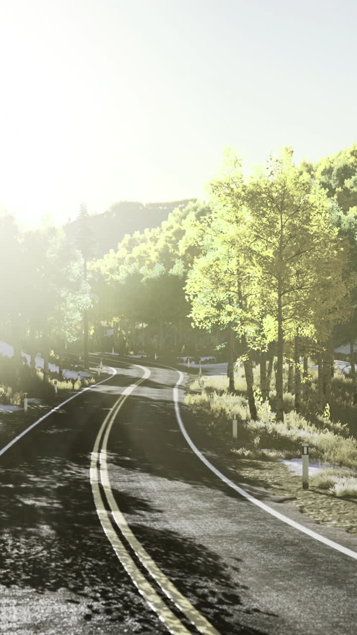 Scenic winding road through green hills with sunlight shining in background