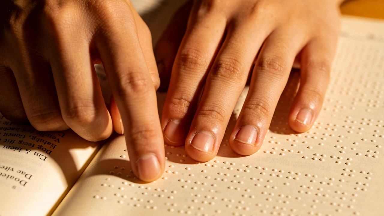 Posizionando le dita, mani che tracciano e poi controllano una riga in Braille alla scrivania, con un margine di stampa illuminato da luce calda per la lettura.