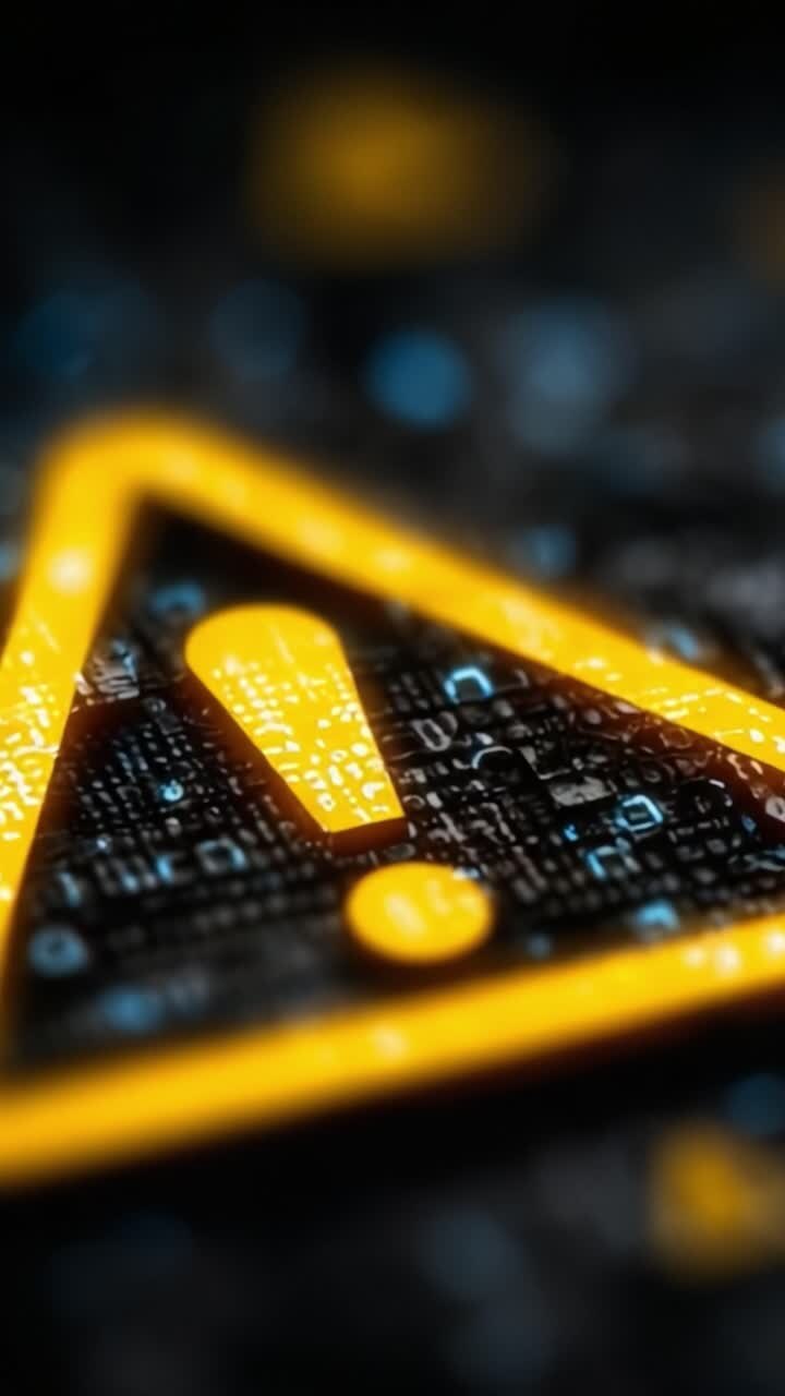 Un simbolo di avvertimento illuminato su uno sfondo basato sui dati, che evidenzia avvisi e allerte negli ambienti digitali con un contrasto visivo sorprendente