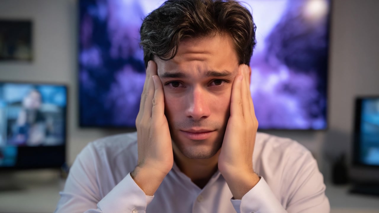 Un giovane uomo in camicia bianca mostra segni di stress e preoccupazione mentre è seduto davanti a più schermi, indicando una situazione di alta pressione o un carico di lavoro elevato.