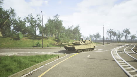 military tank navigating a winding road in a scenic park landscape