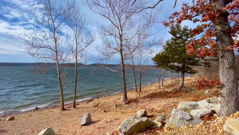 table rock lake missouri stationary shot rocky shoreline and autumn trees