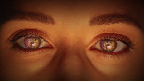 la mujer caucásica tiene llamas en los ojos.