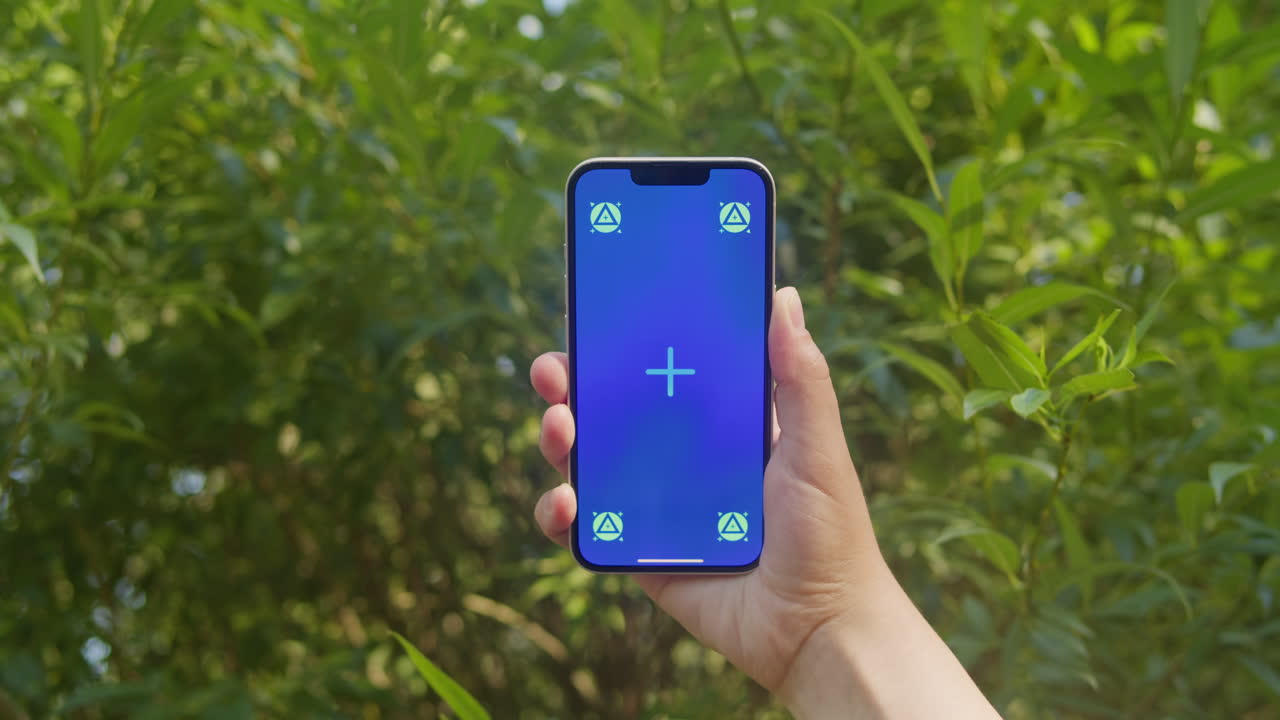 Young woman holding phone chroma key screen in front of green trees in the park close-up. Girl with green screen on smart phone. Nature