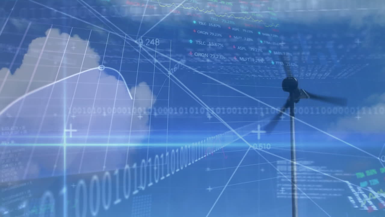 바이너리 코딩과 풍력 터빈을 통한 데이터 처리 애니메이션