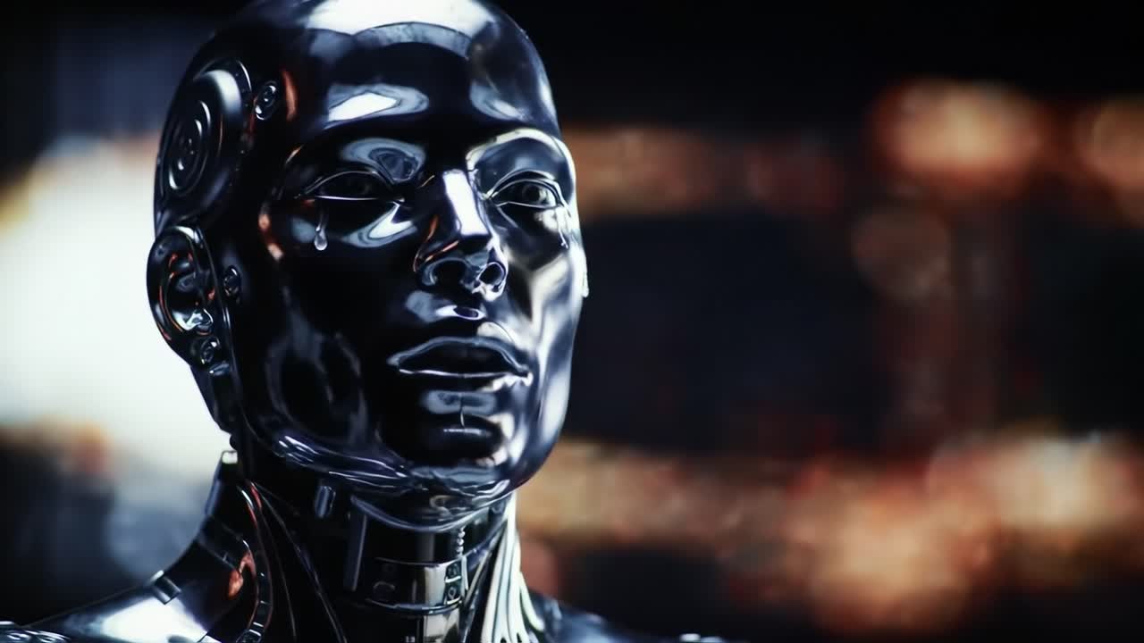 An advanced humanoid robot with a sleek, reflective exterior and intricate design features captures attention, showcasing its intelligent gaze and cutting-edge technology