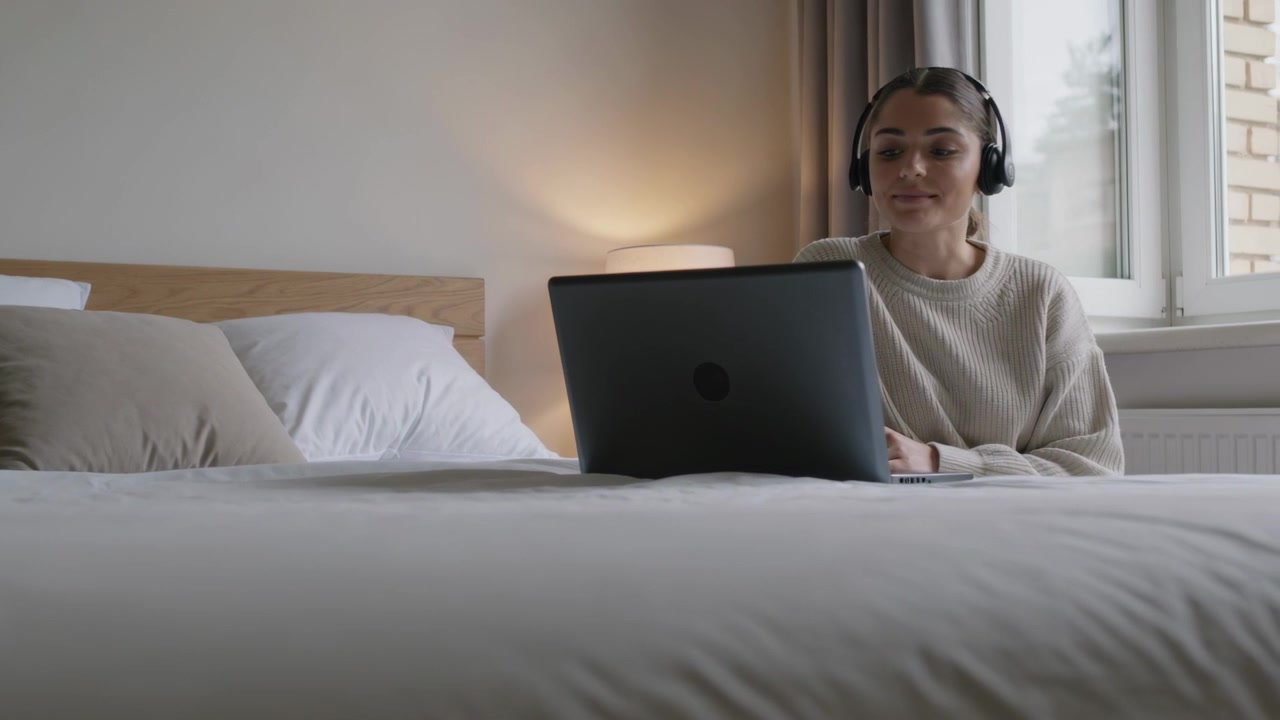 Joining call woman wearing light sweater, headset speaking, typing on bed with laptop, copy space