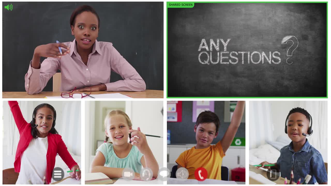 Animation of video call screens of chalkboard and diverse teacher and children having online lesson