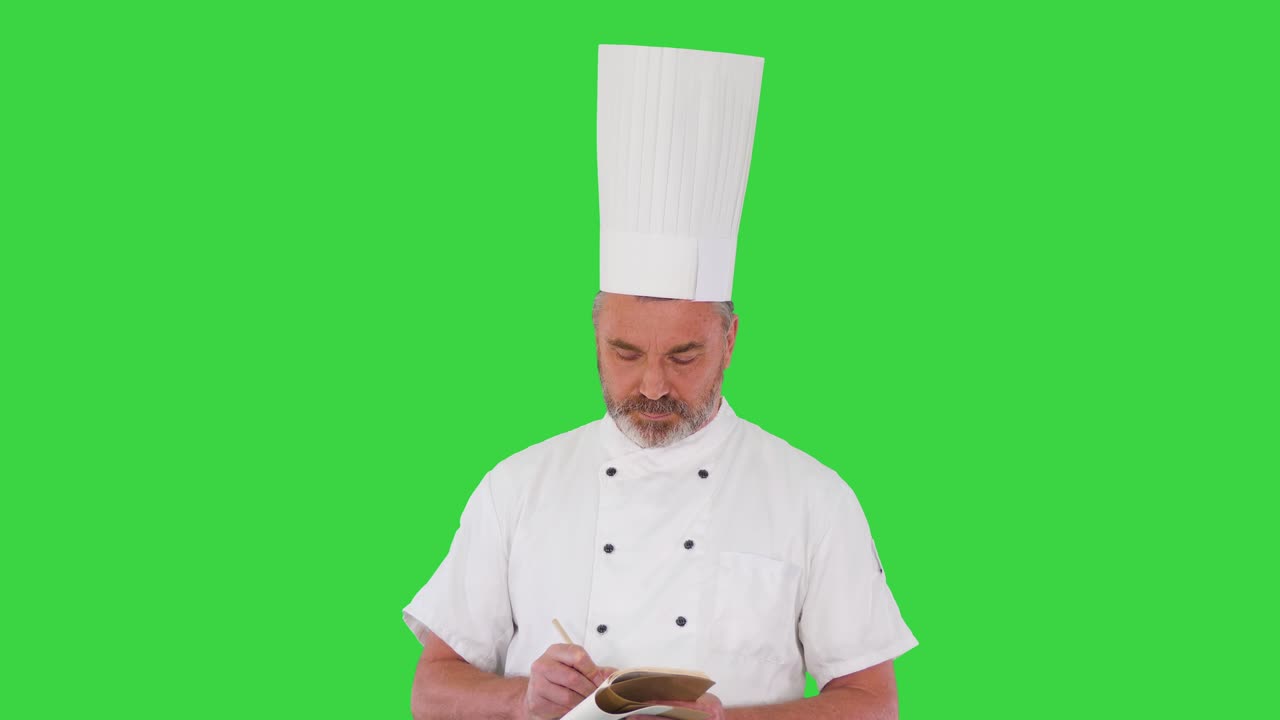 Chef cuisinier âgé prenant des notes sur fond vert, incrustation