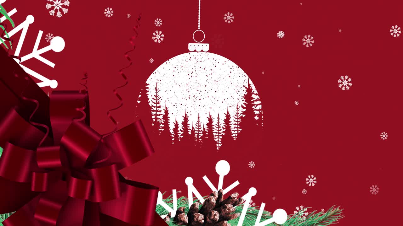 animación de la pelota de navidad sobre la nieve cayendo sobre un fondo rojo
