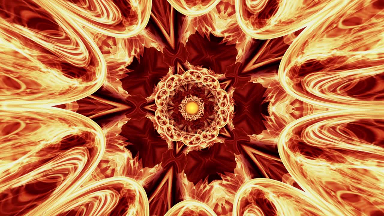 movimiento de bucle de mandala brillante abstracto. animación de un fondo de patrón de nudo celta de fuego de fantasía abstracto brillante y en bucle. movimiento de bucles sin costuras 4k 3d. fondo de energía de llama de fuego luminoso brillante.