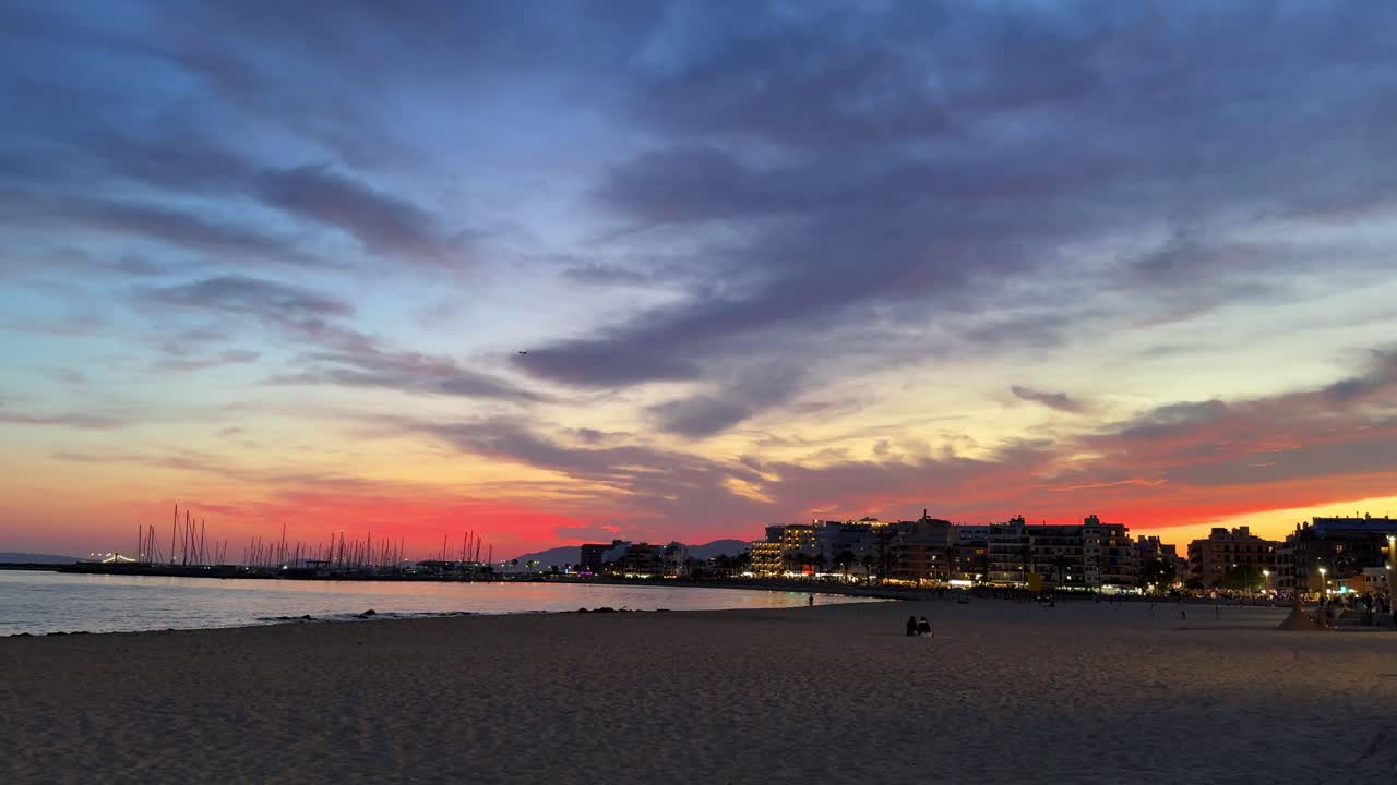 Sandy beach seaside, beautiful sky evening after sunset, relaxing vibes