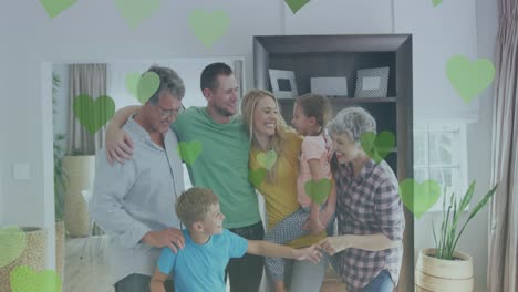 animation of failing green hearts over happy caucasian family