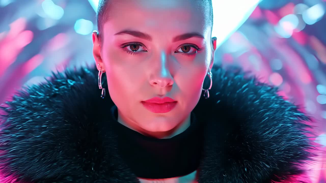 una mujer con la cabeza afeitada usando un abrigo de piel