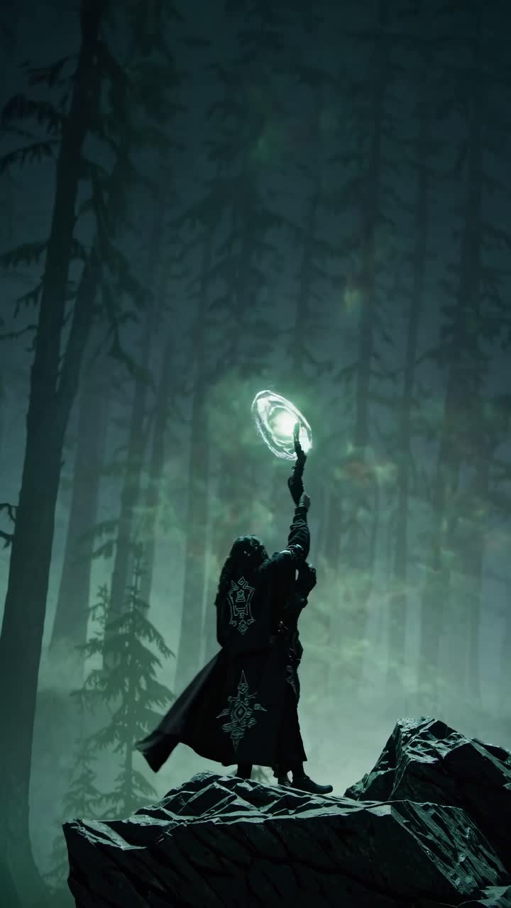 A mystical video scene of a wizard casting a spell in a dark forest