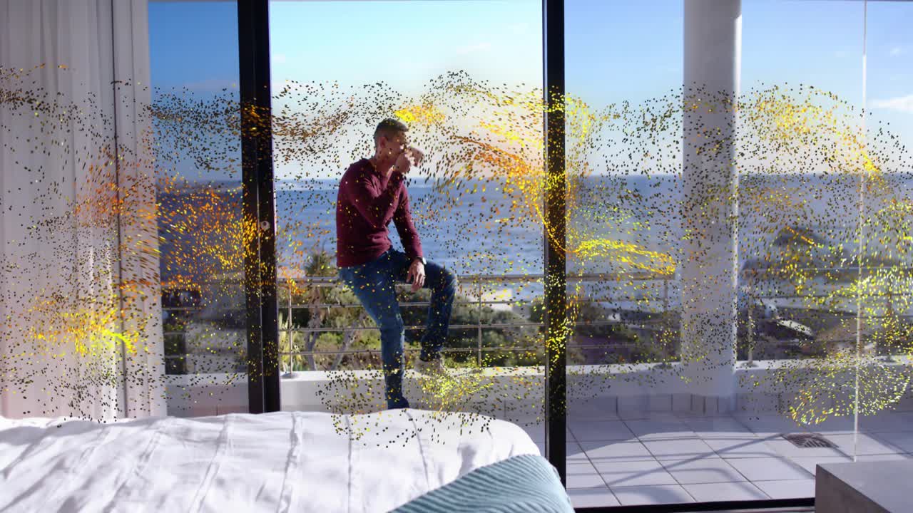 Man approaching doors, gold particle wave sweeping frame while perching railing sipping cup, travel