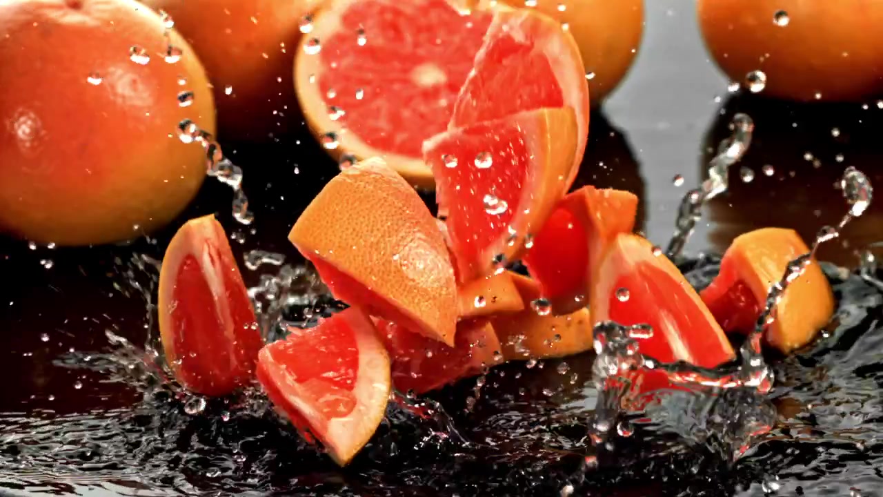 Grapefruktskiver som faller ned i vann med sprut i sakte film
