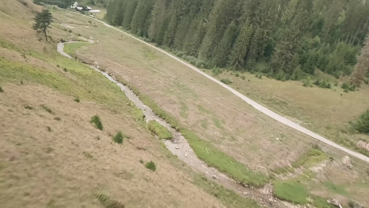 воздушные кинематографические и приближенные кадры с гоночного дрона fpv, летящего с холма между елями и над ручьем в частично пасмурный летний день