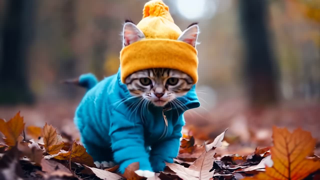 un gatito pequeño con una chaqueta azul y un sombrero amarillo