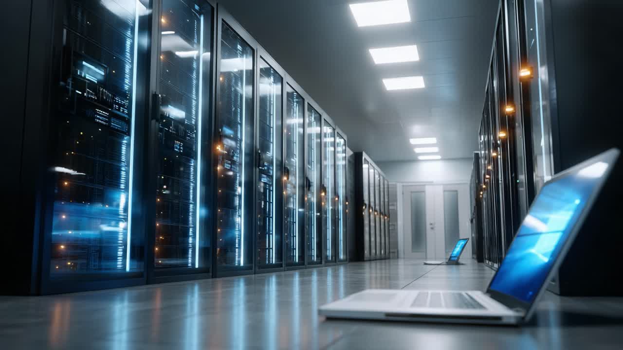 A Modern Data Center Interior Featuring Server Racks and Laptops, Showcasing the Advanced Technology Powering Digital Infrastructure