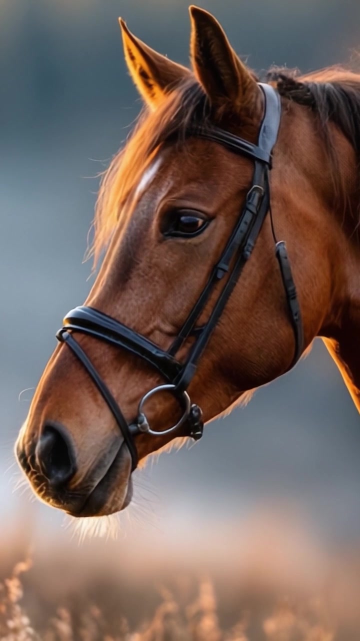 Un profilo ravvicinato di un bellissimo cavallo baio che indossa un'elegante briglia e irradia serenità in mezzo a una luce soffusa e calante nell'abbraccio della natura