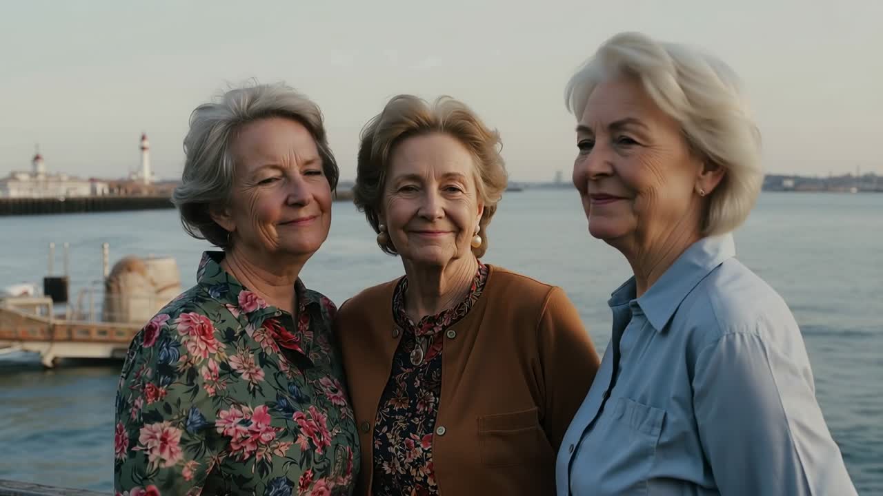 Smiling, turning three seniors in cardigans touching center's shoulder, posing for portrait on pier