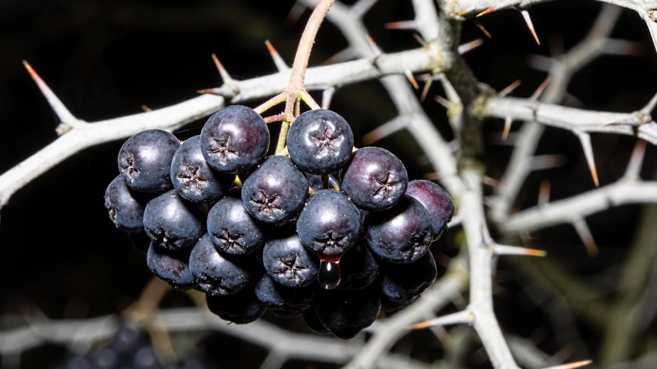 Grappe de baies bleu foncé en formation, laissant tomber une gouttelette tirée vers le bas par la tension superficielle, la nuit.