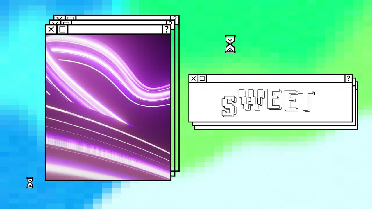 Animation of digital interface with light trails and sweet text on blue and green background