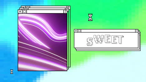 animation of digital interface with light trails and sweet text on blue and green background